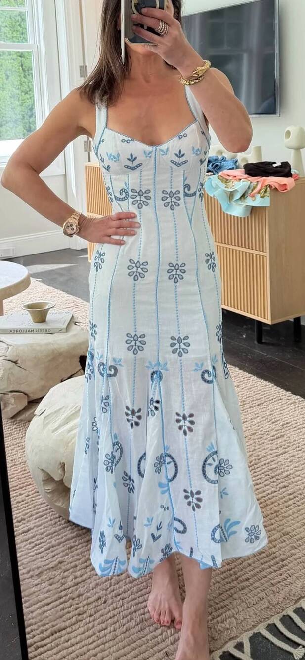 NEW CHARO RUIZ naia long midi dress in white blue